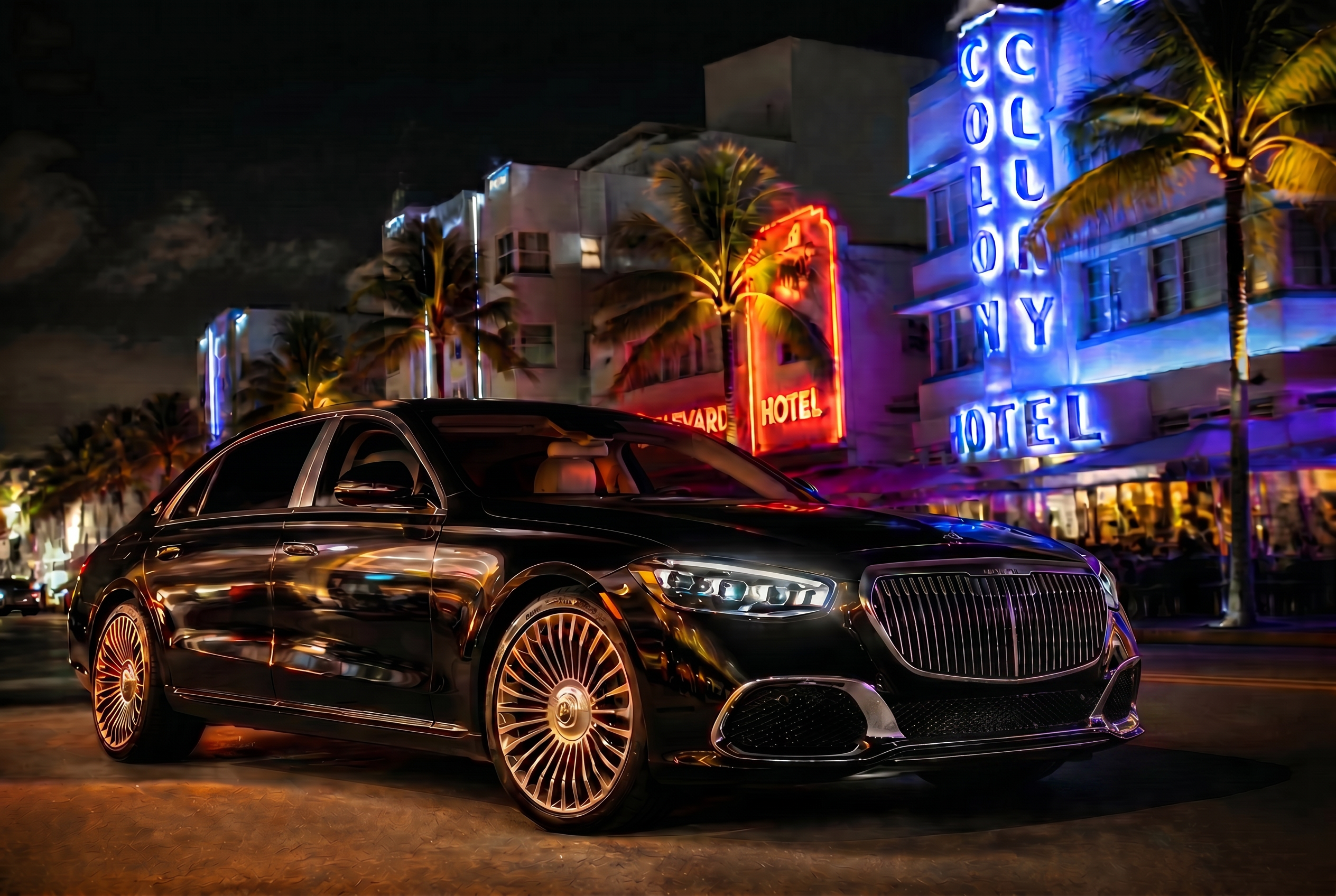 Black luxury Maybach sedan at night in Miami Beach