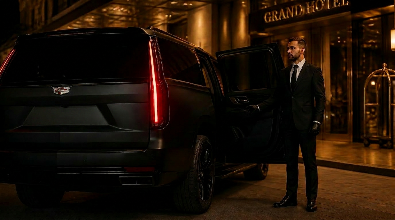 VIP client stepping out of a luxury chauffeured sedan at night